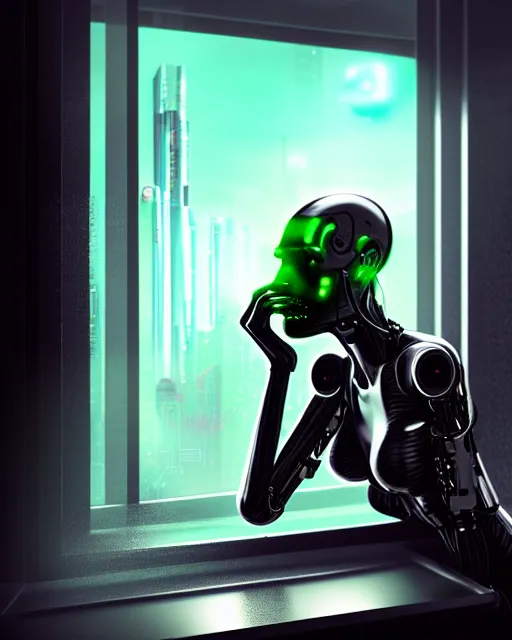 Image similar to a terminator cyborg lady with borg implants is drinking coffee near a window with dystopian city visible outside. tiny green led lights in her cybernetics. very detailed 8 k. horror cyberpunk style.