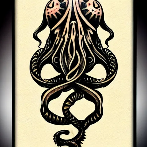 Prompt: american traditional abstract tattoo art of cthulhu playing praying, sheet paper