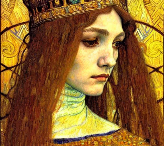 Image similar to detailed realistic beautiful young medieval queen face portrait by jean delville, gustav klimt and vincent van gogh, art nouveau, symbolist, visionary, gothic, pre - raphaelite, muted earthy colors, desaturated