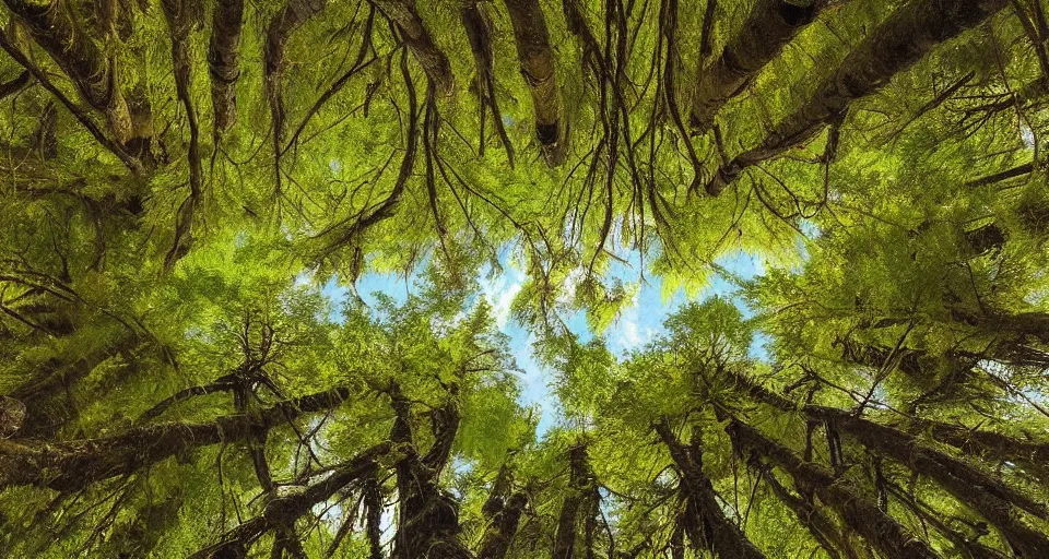 Prompt: looking up at on ancient willow forest, hemlocks, moss, stream, intricate, vivid colors, elegant, highly detailed, ivan shishkin, john park,