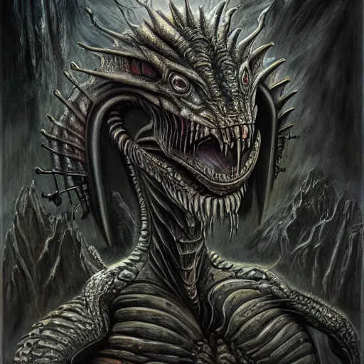 Image similar to Giger portrait of queen dragon, Dragon in dragon lair, HD, full body dragon concept, flying dragon, soft shading, hyperdetailed, wide angle lens, fantasy, futuristic horror, style of giger