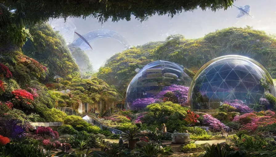Prompt: highly detailed digital matte painting of beautiful gardens and a geodesic biodome on a massive ring shaped space station, by Raphael LaCoste and Stephan Martiniere and Justin Gerard and Robert McCall, postcyberpunk, geodesic dome, hyperdetailed, sunrise, wide shot, octane render