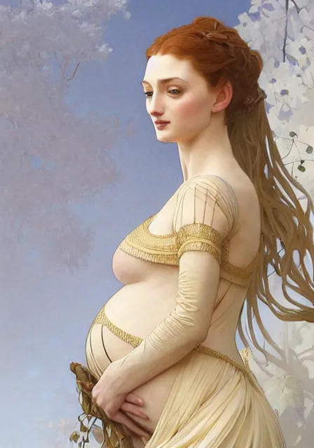 Prompt: tall pregnant sansa, intricate, elegant, highly detailed, digital painting, artstation, concept art, smooth, sharp focus, illustration, art by artgerm and greg rutkowski and alphonse mucha and william - adolphe bouguereau