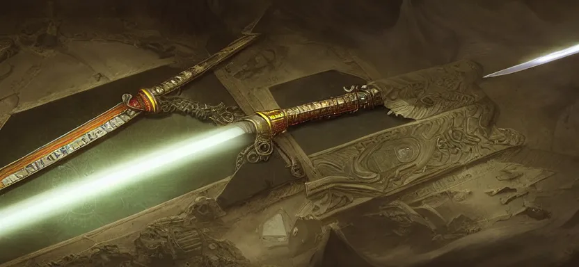 Image similar to legendary cybernetic sword lying flat on a glowing table with a long sharp black and iridescent sword blade, digital award winning hd matte painting, intimate dark moody, intricate, ornate spikes, colorful hilt, detailed realistic, raytraced blade, colored gems, future golden technological pommel, in the style of greg rutkowski and krenz cushart, deviantart