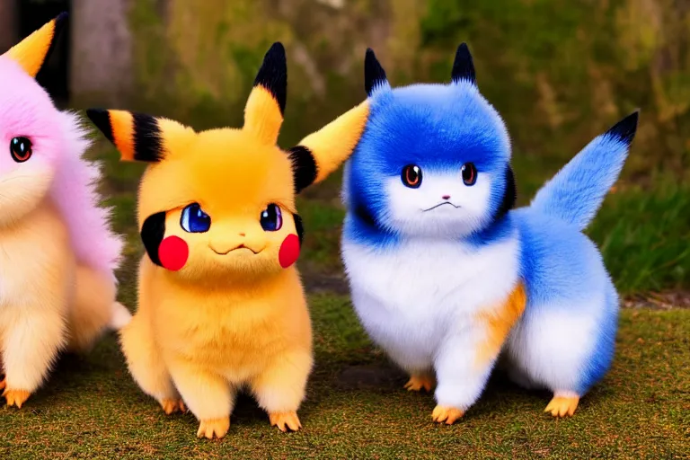 Image similar to photo of real life pokemons, cute!!!, content!!!, mischievous!!!, adorable!!!, fluffy!!!, ultra realistic!!!, golden hour, sharp focus, tiny amount of chromatic aberration