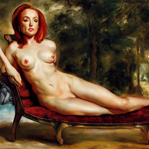 Image similar to dana scully sitting on a chaise lounge, auslese, by peter paul rubens and eugene delacroix and karol bak, hyperrealism, digital illustration, fauvist