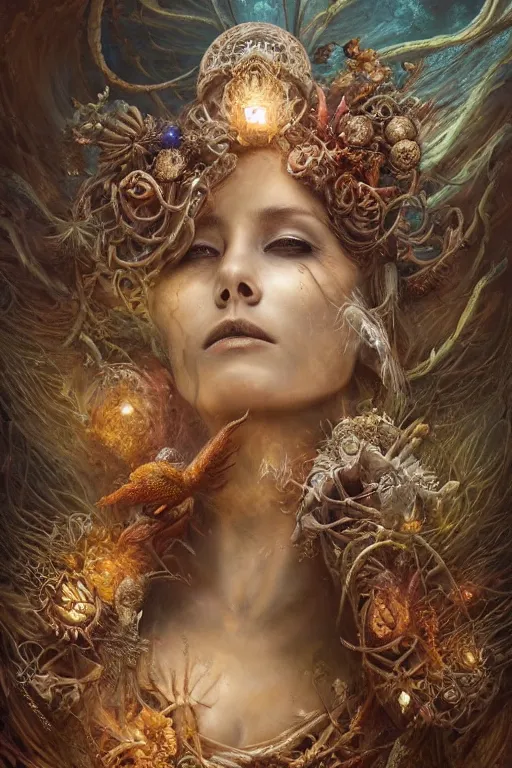 Image similar to alluring detailed cgi matte painting tanned female empress of the life and fertility, by ellen jewett, tomasz alen kopera and justin gerard | symmetrical, vivacious, realism, grunge, intricate, ornate, royally decorated, skull, skeleton, whirling smoke, glowing particles, colorful adornments, colorful torn fabric, radiant colors