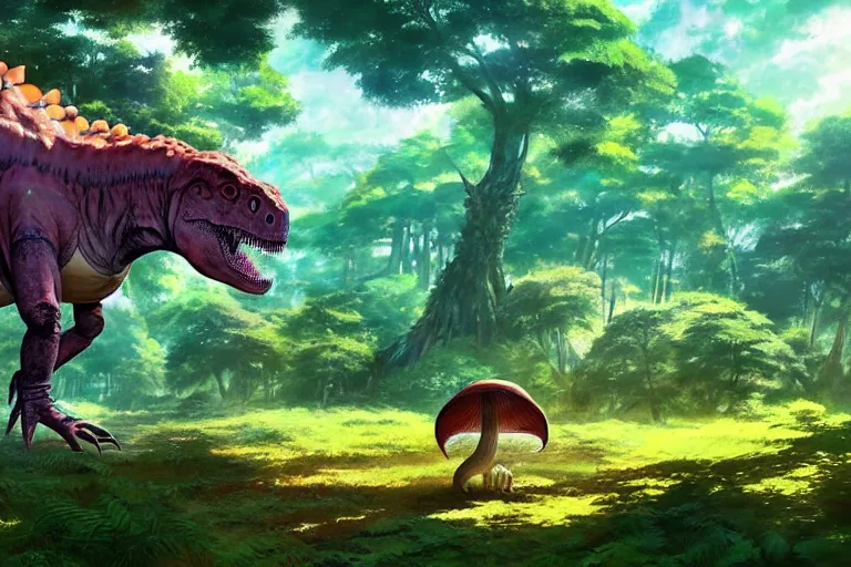 Prompt: a large creature hybrid dinosaur kaiju, covered in mushrooms, walking through the trees, over the tree tops, colorful skin, roofed forest, by makoto shinkai an krenz cushart