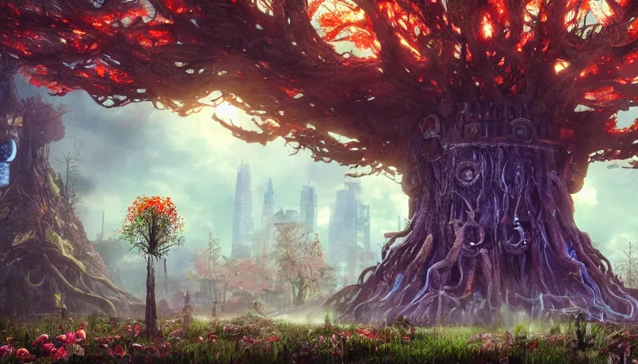 Image similar to ben lo illustration of the largest tree in the world inside rapture, bioshock concept art, solarpunk, hopeful, colorful, flowers, deity, unreal engine, hyper realism, realistic shading, cinematic composition, realistic render, octane render, detailed textures, photorealistic, wide shot