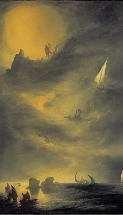 Prompt: man on boat crossing a body of water in hell with creatures in the water, sea of souls, by john martin