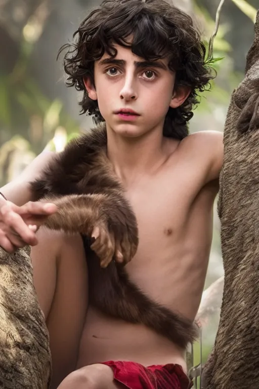 Image similar to timothee chalamet plays mowgli in the live action adaptation of the jungle book, red weapon 8 k s 3 5, cooke anamorphic / i lenses, highly detailed, cinematic lighting