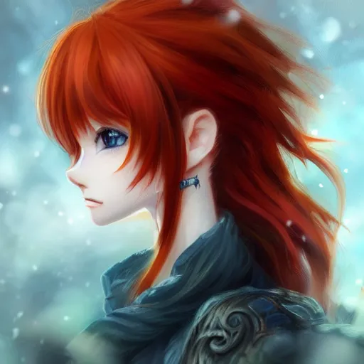 Prompt: portrait of a beautiful cute redhead from anime with big blue eyes, fantasy, intricate, elegant, highly detailed, digital painting, artstation, concept art, smooth, sharp focus, illustration, landscape on background