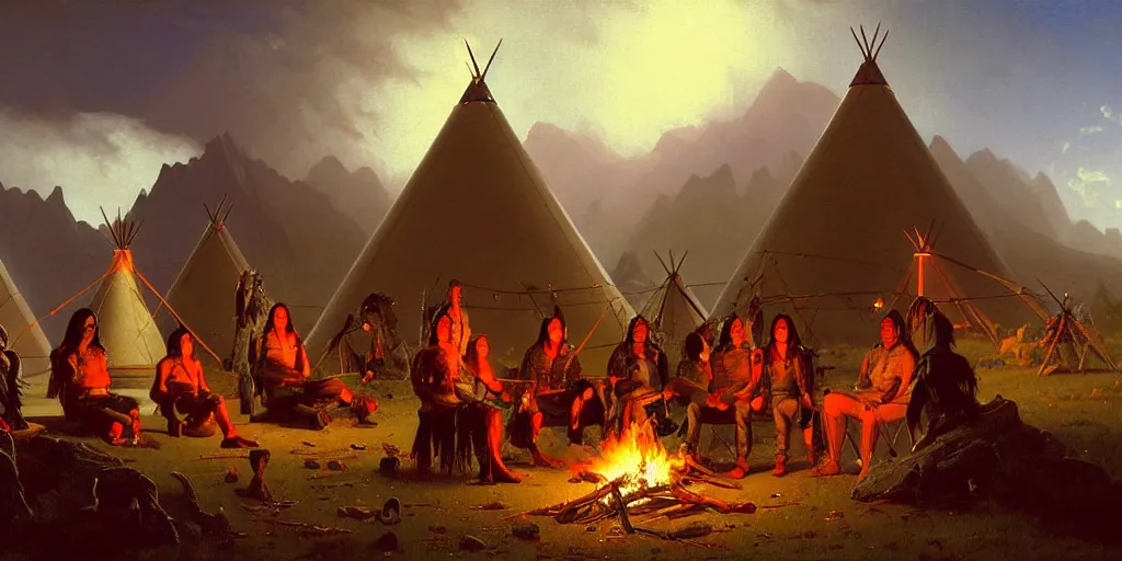 Image similar to a group of some native americans and their cyborgs sitting together at a fire in front of some tipis, beatiful mountain background, cyberpunk, by albert bierstadt, by greg rutkowski, highly detailed, warm lightning, digital painting