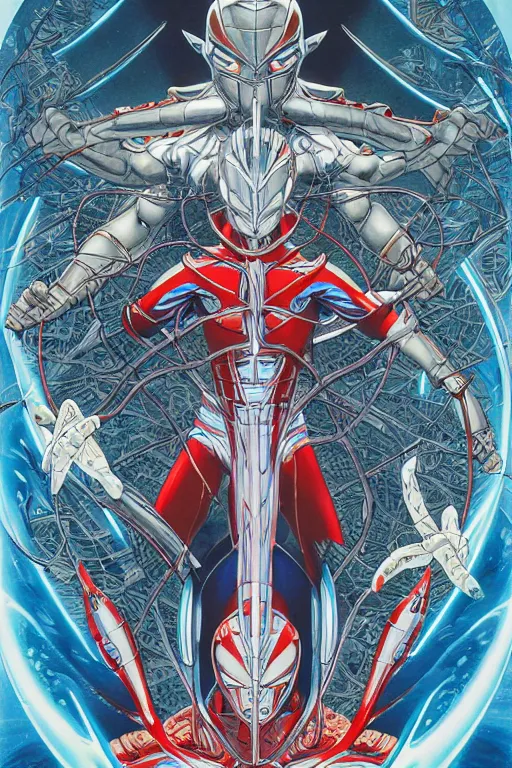 Image similar to ultraman, symmetrical, by yoichi hatakenaka, masamune shirow, josan gonzales and dan mumford, ayami kojima, takato yamamoto, barclay shaw, karol bak, yukito kishiro