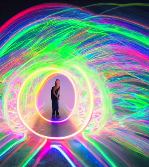 Prompt: lightpainting luminescent portrait, diffuse luminescent lightpainting, intricate wiccan rainbow lightpainting, elegant light, highly detailed zen prisms, lifelike, fully photorealistic, artstation, luminescent beautiful concept art, smoothened, sharp luminescent focus, sharp art by john collier, michael bosanko