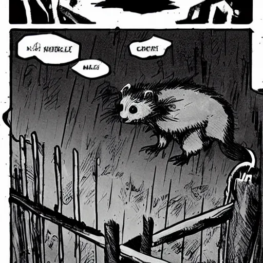 Prompt: A ferret walking on top of a fence. Dark Fantasy, Film Noir, Black and White. High Contrast, Mike Mignola, D&D, OSR