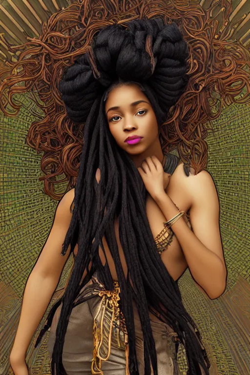 Image similar to beautiful black woman with gorgeous beaded dreadlock hairstyle, as seen on artgerm, octane render, in the style of alphonse mucha, ultra realistic, highly detailed, 8 k