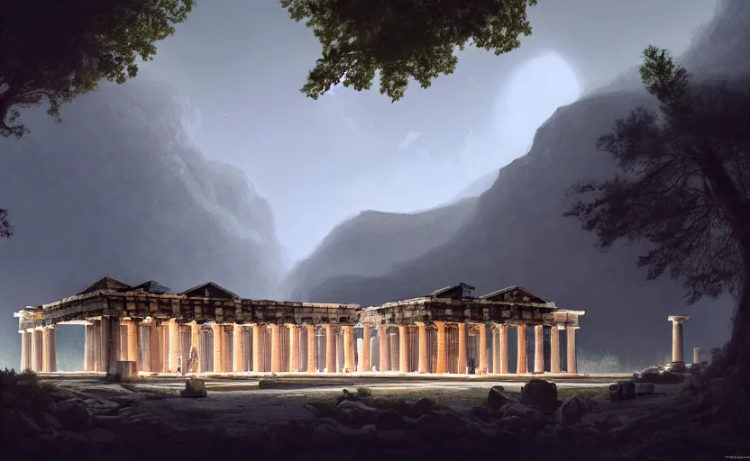 Prompt: exterior shot of utopian train station on in the middle of an ancient greek temple hill with cinematic lighting by peter zumthor and renzo piano, darek zabrocki and greg ruthkowski, simon stalenhag, cinematic, holy place, paradise, scifi, futurism, atmospheric, concept art, artstation, trending on artstation