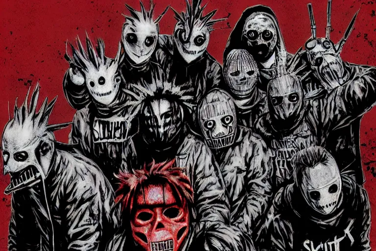 Image similar to slipknot in the style of dorohedoro, artstation, album cover