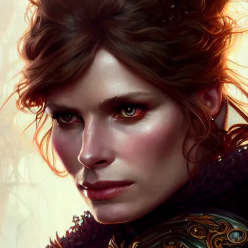 Image similar to Katja Herbers as a fantasy rogue, closeup character portrait, D&D, fantasy, intricate, elegant, highly detailed, digital painting, artstation, concept art, matte, sharp focus, illustration, art by Artgerm and Greg Rutkowski and Alphonse Mucha