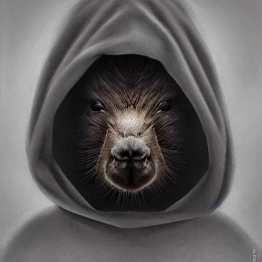 Image similar to a portrait of a baby capybara wearing a black hood, cloak covering face, anatomically correct, beautiful perfect face, enigmatic, oil painting, matte, black background, volumetric dynamic lighting, highly detailed, cinematic lighting, unreal engine, 8 k, hd, by beksinski