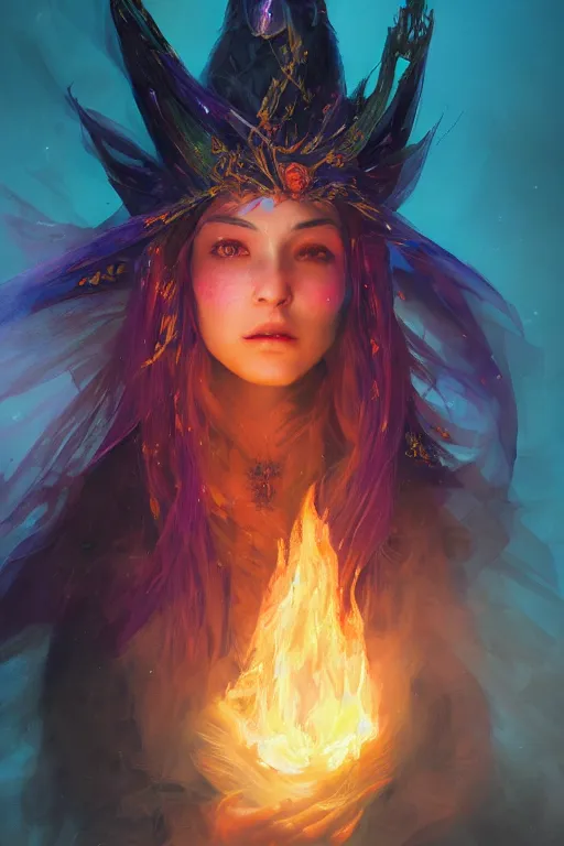 Image similar to a fancy portrait of a beautiful dark magician women wearing a great witches hat covered in colourfull flames by Greg Rutkowski, Sung Choi, Mitchell Mohrhauser, Maciej Kuciara, Johnson Ting, Maxim Verehin, Peter Konig, final fantasy , mythical, 8k photorealistic, cinematic lighting, HD, high details, atmospheric,