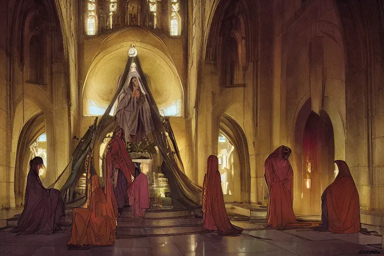 Image similar to inside the sepulchre, dark scene, light coming in from the left, steps leading down, 3 marys crouching in colored robes at the tomb | medium close | fibonacci composition, by artgerm, greg rutkowski, paul bagshaw, alphonse mucha