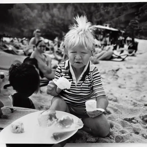 Prompt: Donald trump is having ice cream at the beach by sally mann