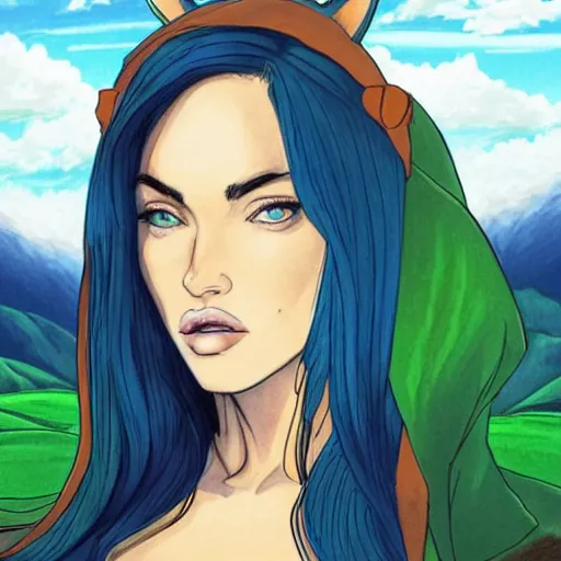 Image similar to “Megan Fox, portrait!!! Mononoke-hime style, cartoon, blue sky with white clouds green hills and mountains on the background, fantasy, photorealistic, concept Art, ultra detailed portrait, 4k resolution”