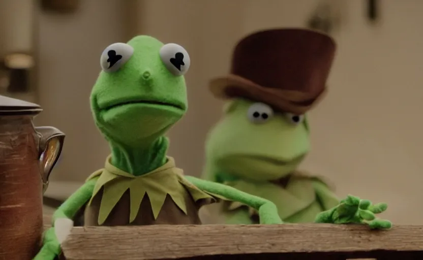 Prompt: a still of Kermit the Frog in There Will Be Blood (2007), 4k photorealistic, incredibly detailed, cinematic, high quality,