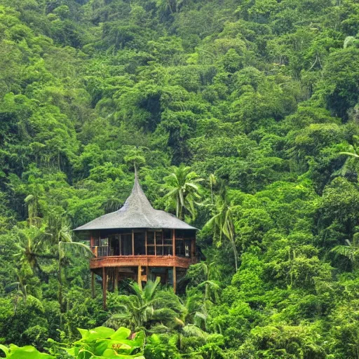 Image similar to a building in a stunning landscape, jungle