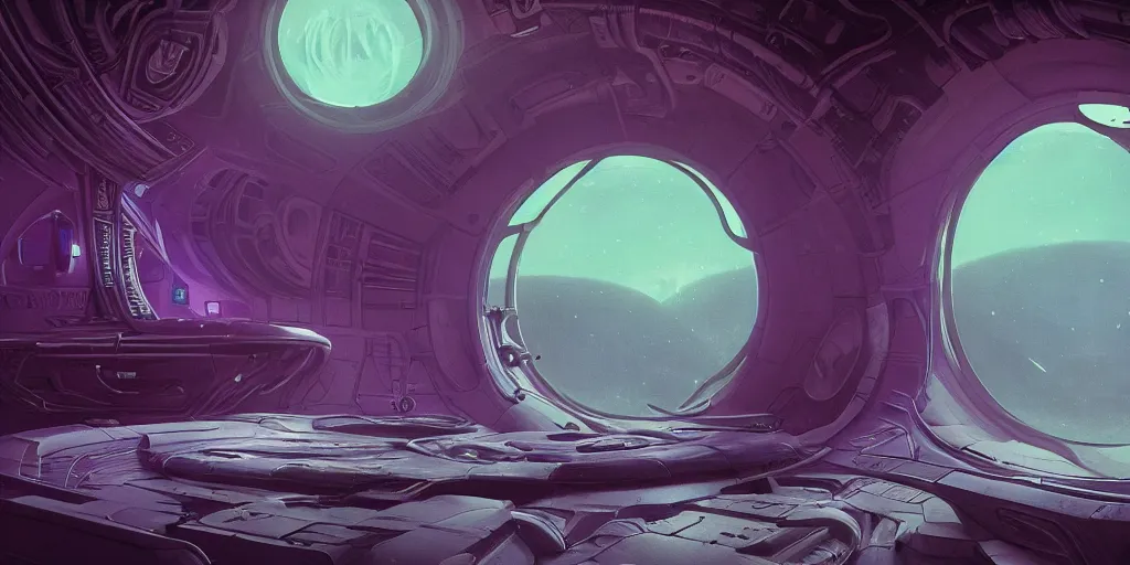 Prompt: alien ship interior with circular windows, natural starlight, bright colors, romantic greenery, purple flowers, cinematic, cyberpunk, smooth, chrome, lofi, nebula, calming, dramatic, fantasy, by Moebius, by zdzisław beksiński, cyberpunk LUT, high contrast, epic composition, sci-fi, dreamlike, surreal, angelic, 8k, unreal engine, hyper realistic, fantasy concept art,