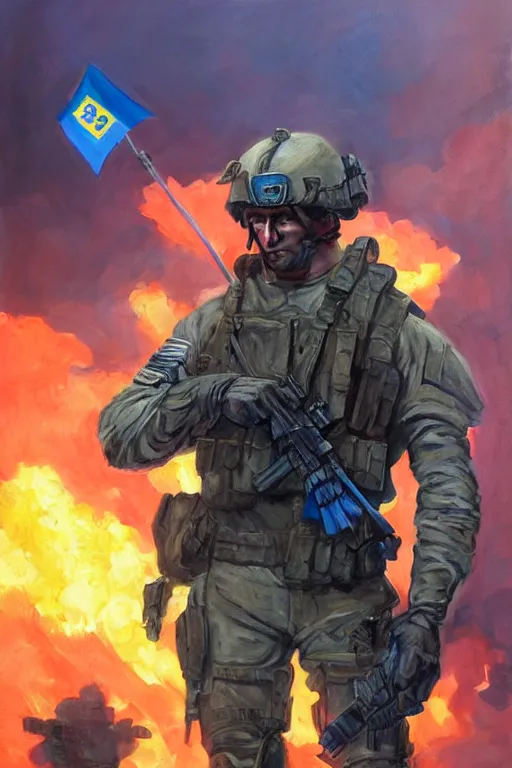 Image similar to special forces soldier with ukrainian blue and yellow flag watching red square burn, masculine figure, d & d, fantasy, bright atmosphere, volumetric lights, intricate, elegant, extremely detailed, digital painting, artstation, concept art, matte, smooth, sharp focus, hyper realistic, illustration, art by artgerm and greg rutkowski and alphonse mucha