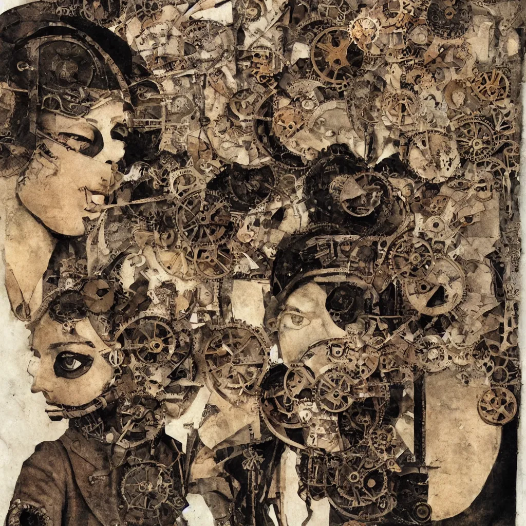 Image similar to steampunk boy with a super detailed and intricate mask, collage in the style of hannah hoch