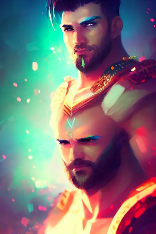 Prompt: a handsome warrior look back after shooting, blurred environment background, colorful magic effects, white skin, portrait, male, clothed, sharp focus, digital art, concept art, trending on artstation, dynamic lighting, by emylie boivin and rossdraws