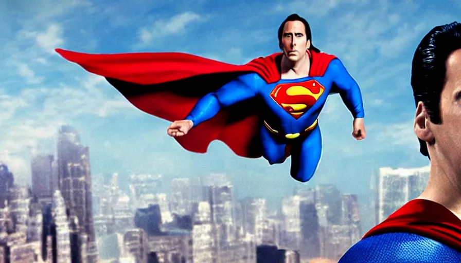 Prompt: nicholas cage as superman, film footage, superman returns ( 2 0 0 6 ), 4 k, highly detailed, screencap