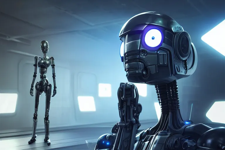 Image similar to cyberpunk alien concept inspired droid, futuristic look, highly detailed body, very powerful, photorealistic camera shot, bright studio setting, studio lighting, crisp quality and light reflections, unreal engine 5 quality render