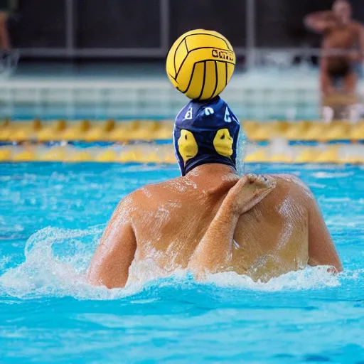 Image similar to a water polo player riding a hippopotamus. photograph.