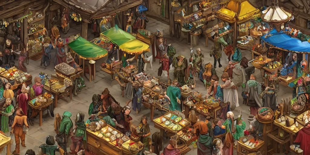 Image similar to an image of a bustling elven marketplace in the genre of dungeons and dragons