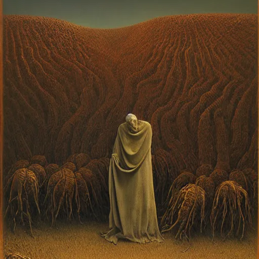 Image similar to poor harvest by Zdzisław Beksiński, oil on canvas