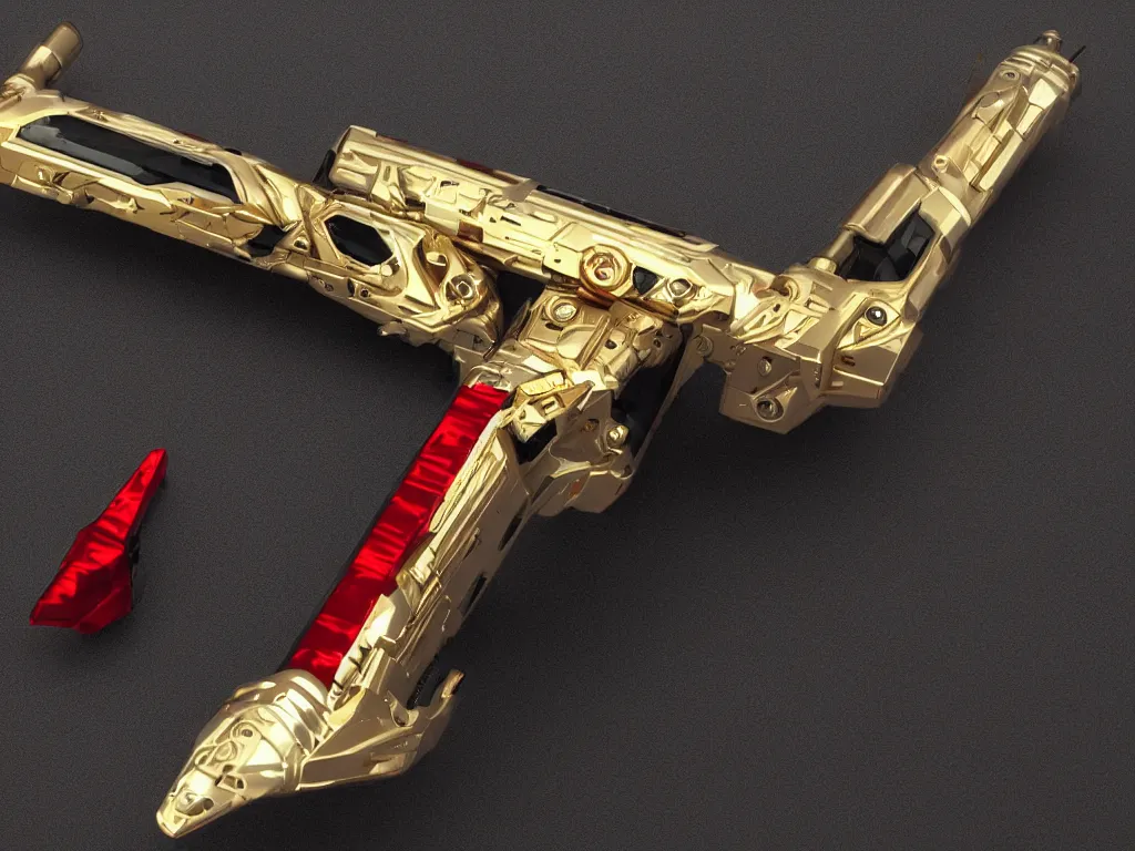 Image similar to futuristic weapon made of brushed metal, chrome and carbon, intricate gold linings, red leds