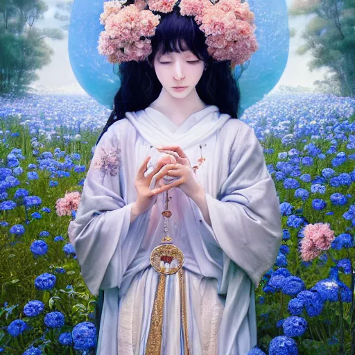 Image similar to breathtaking detailed concept art painting of the goddess of nemophila flowers, orthodox saint, with anxious, piercing eyes, ornate background, amalgamation of leaves and flowers, by Hsiao-Ron Cheng, James jean, Miho Hirano, Hayao Miyazaki, extremely moody lighting, 8K