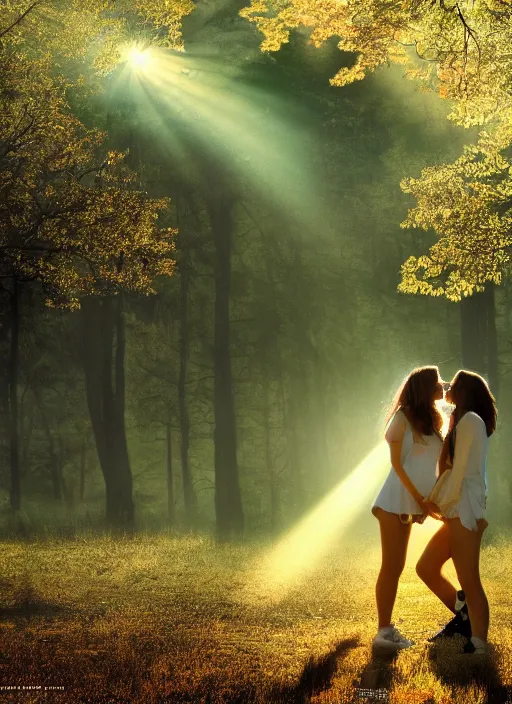 Image similar to a beautiful detailed photo of a girl kissing another girl with god rays shining through trees on a post - apocolyptic world, realistic, f 8, 4 k hd wallpaper