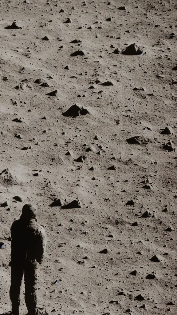 Image similar to a magma man stands on the moon, rocks covering his body