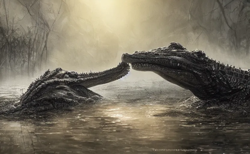 Prompt: a masterpiece of a crocodile with steam coming from it's nostrils, misty swamp, cinematic, fantasy, hyper detailed, digital painting, 4 k realistic, trending on artstation, sharp focus, john banovich, photographer art wolfe, light source on left