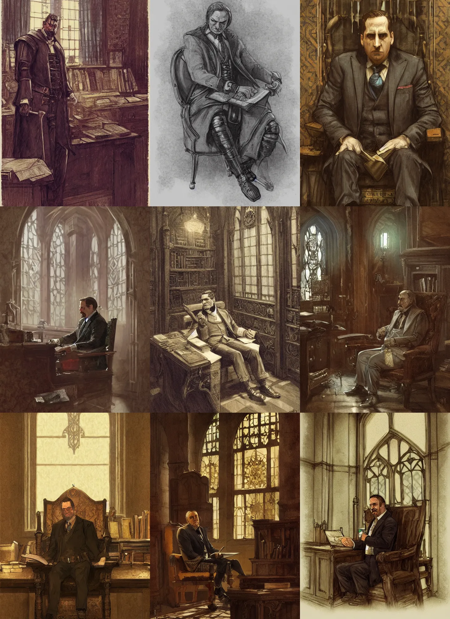 Prompt: michael scott medieval chamberlain sit at his office, highly detailed, artstation, concept art, sharp focus, illustration, briclot, rutkowski, mucha