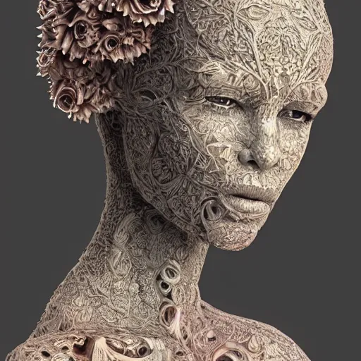 Image similar to beatifull frontal face portrait of a woman, 150mm, anatomical, flesh, flowers, mandelbrot fractal, symmetric, intricate, elegant, highly detailed, ornate, ornament, sculpture, elegant , luxury, beautifully lit, ray trace, octane render in the style of peter Gric and alex grey