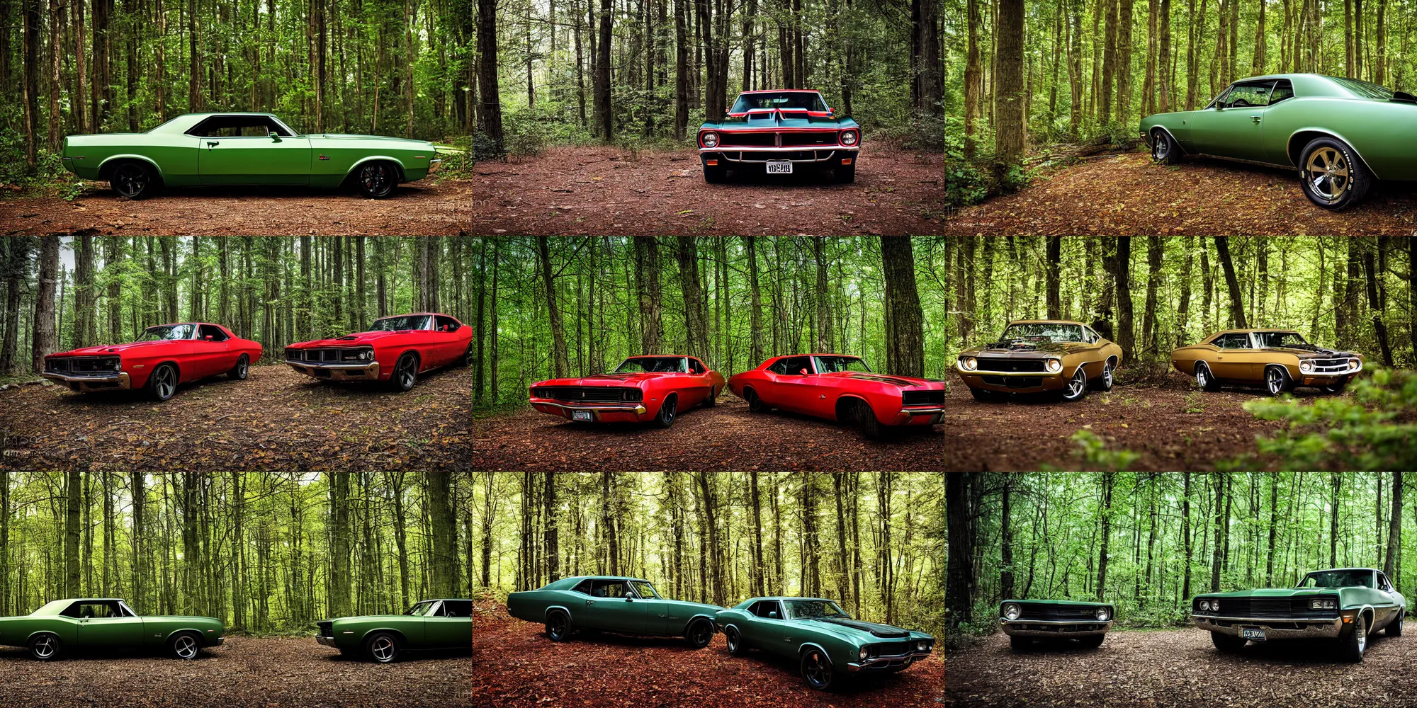 Prompt: photograph muscle car in the woods