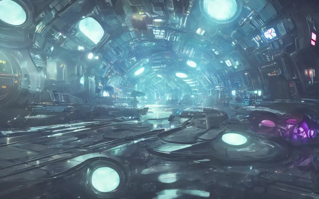 Prompt: multi dimensional transporter gate in space inside a bustling space bazaar, concept art, digital art, illustration, sharp focus, octane render, by julian calle, trending on artstation