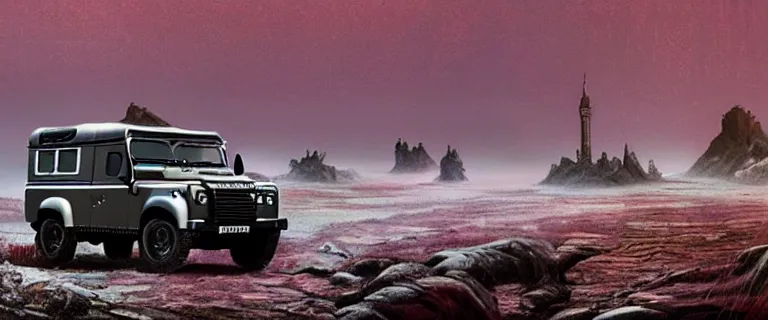 Image similar to Land Rover Defender 110 (1985), an epic fantasy, dramatic lighting, cinematic, establishing shot, extremely high detail, photorealistic, cinematic lighting, artstation, by simon stalenhag, The Elder Scrolls III: Morrowind, the Nerevarine drives across Morrowind, strange flora, Betty Netch floating around